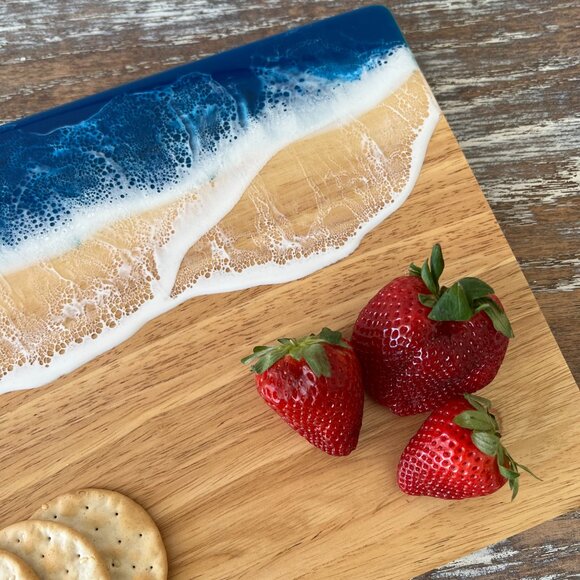 Ocean Waves Resin Wood Cutting Board Charcuterie Board Cheeseboard Beach House - Picture 2 of 5